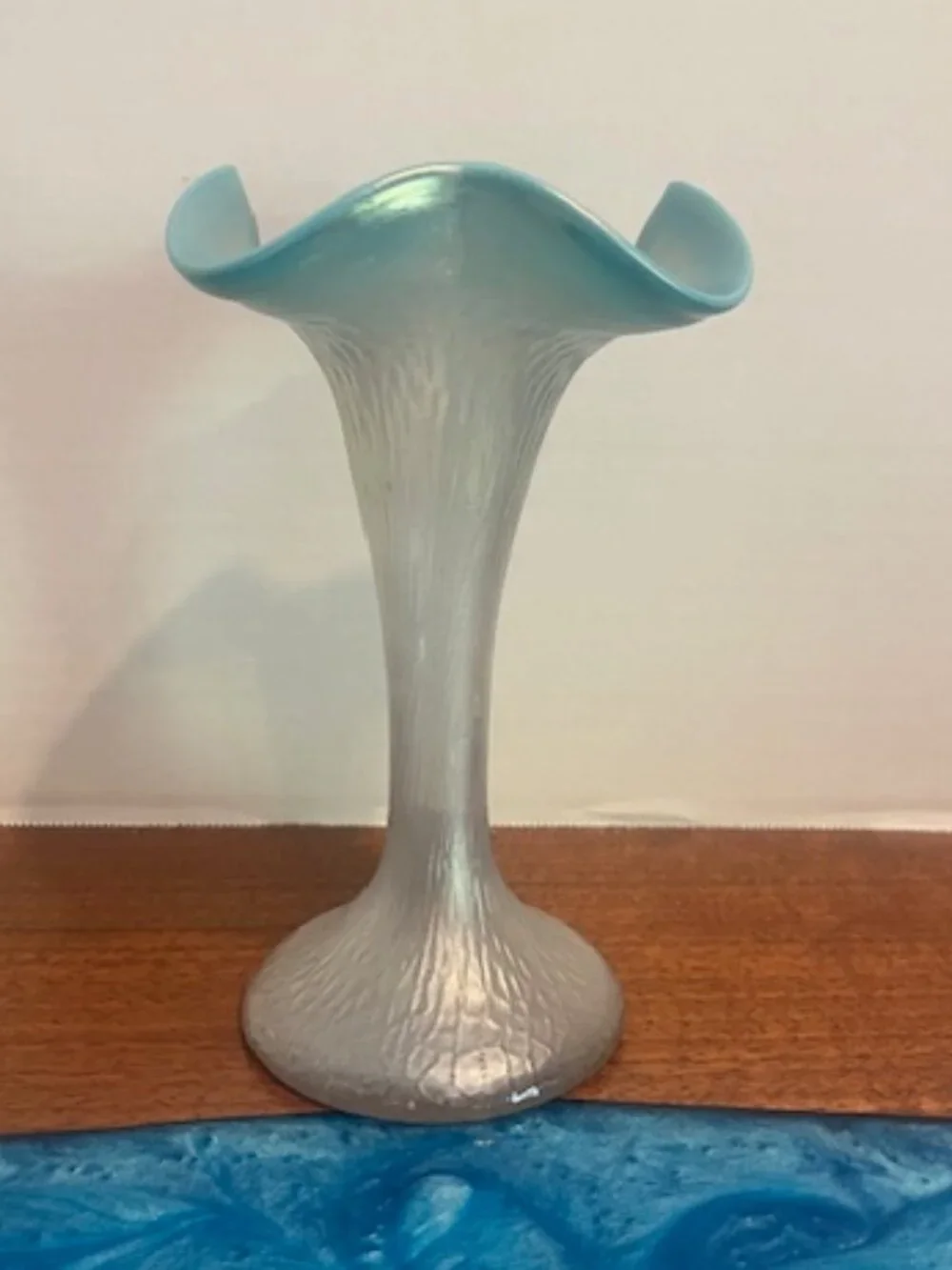 Kralik Martele Blue Ruffle Edge Iridescent Vase Bohemian Art Glass Vintage